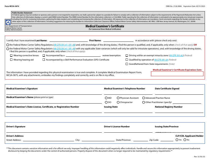 Form MCSA-5876 Medical Examiner's Certificate