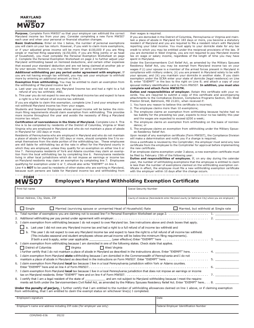 Maryland Form MW507 (COM/RAD-036) Employee's Maryland Withholding Exemption Certificate - Maryland, 2022