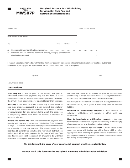 Maryland Form MW507P (COM/RAD044)  Printable Pdf
