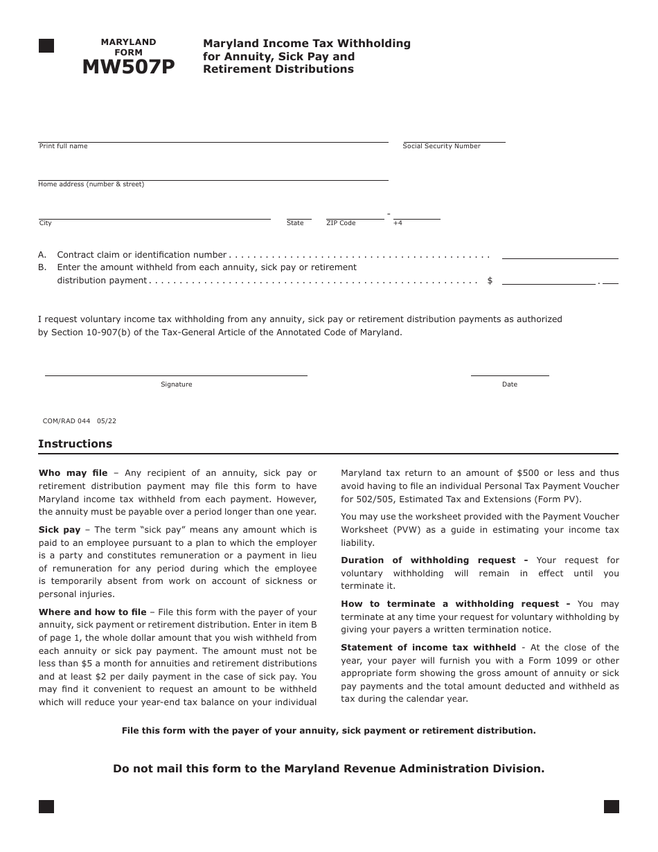Maryland Form MW507P (COM / RAD044) Maryland Income Tax Withholding for Annuity, Sick Pay and Retirement Distributions - Maryland, Page 1