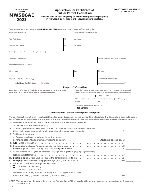 Maryland Form MW506AE 2023 Printable Pdf