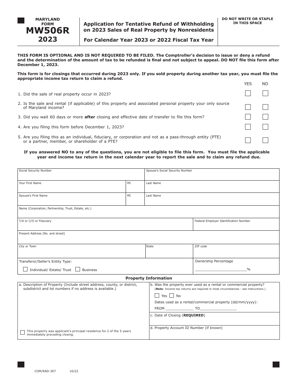 Maryland Form MW506R (COM / RAD-307) Application for Tentative Refund of Withholding on 2023 Sales of Real Property by Nonresidents - Maryland, Page 1