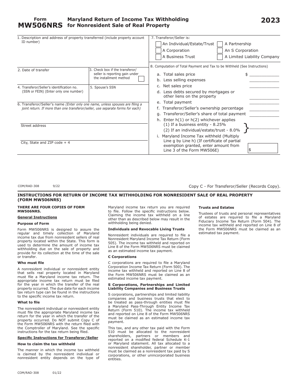 Maryland Form MW506NRS (COM / RAD-308) Maryland Return of Income Tax Withholding for Nonresident Sale of Real Property - Maryland, Page 3