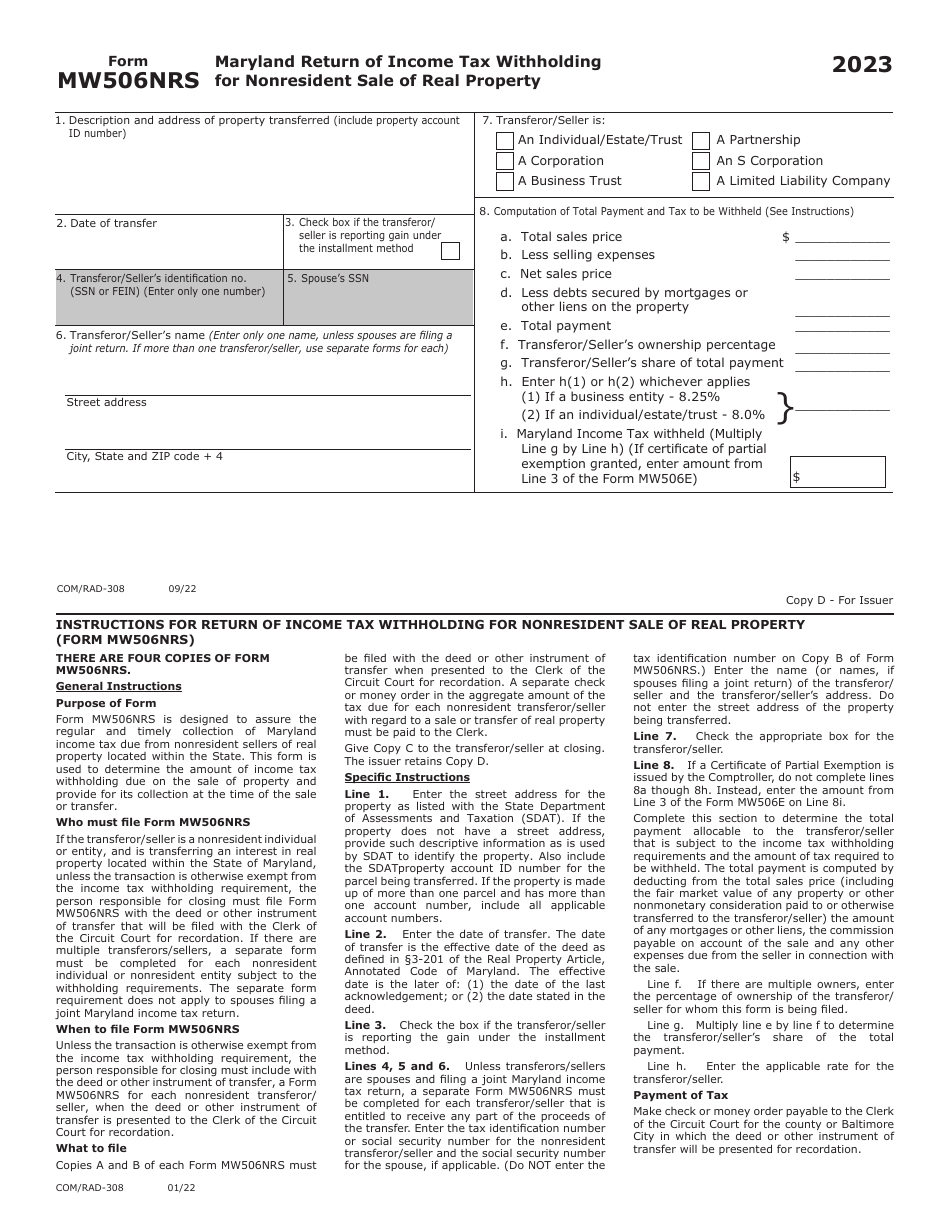 Maryland Form MW506NRS (COM / RAD-308) Maryland Return of Income Tax Withholding for Nonresident Sale of Real Property - Maryland, Page 4