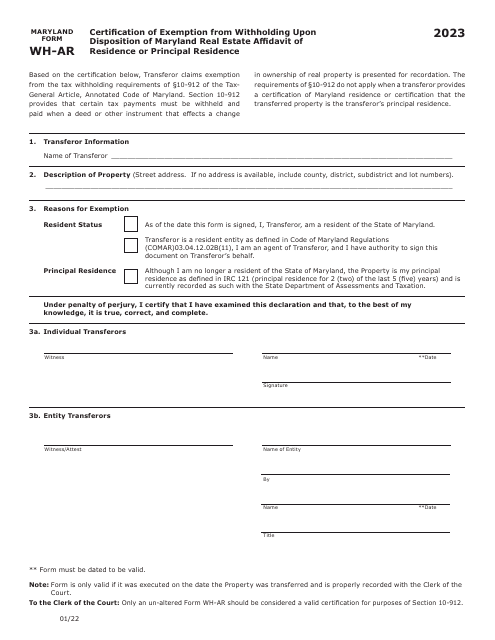 Maryland Form WH-AR 2023 Printable Pdf