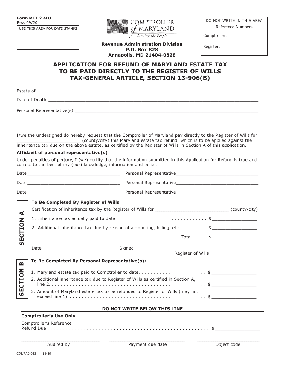 Form MET-2 ADJ (COT / RAD-032) Application for Refund of Maryland Estate Tax to Be Paid Directly to the Register of Wills Tax-General Article, Section 13-906(B) - Maryland, Page 1