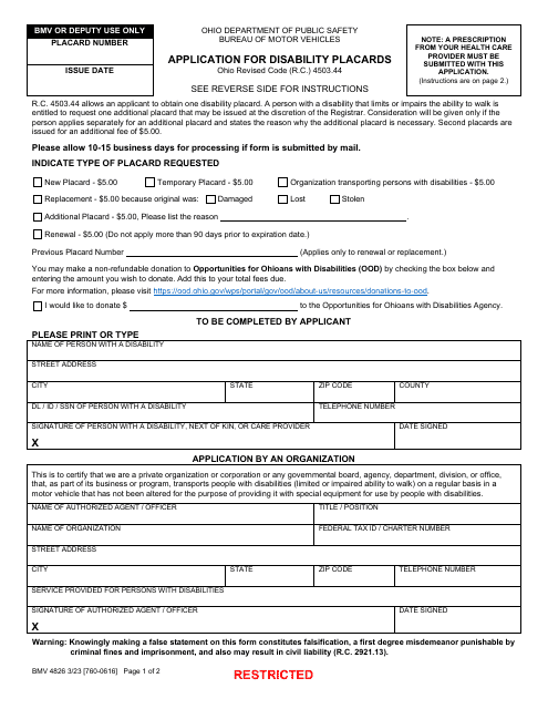 Form BMV4826 Application for Disability Placards - Ohio