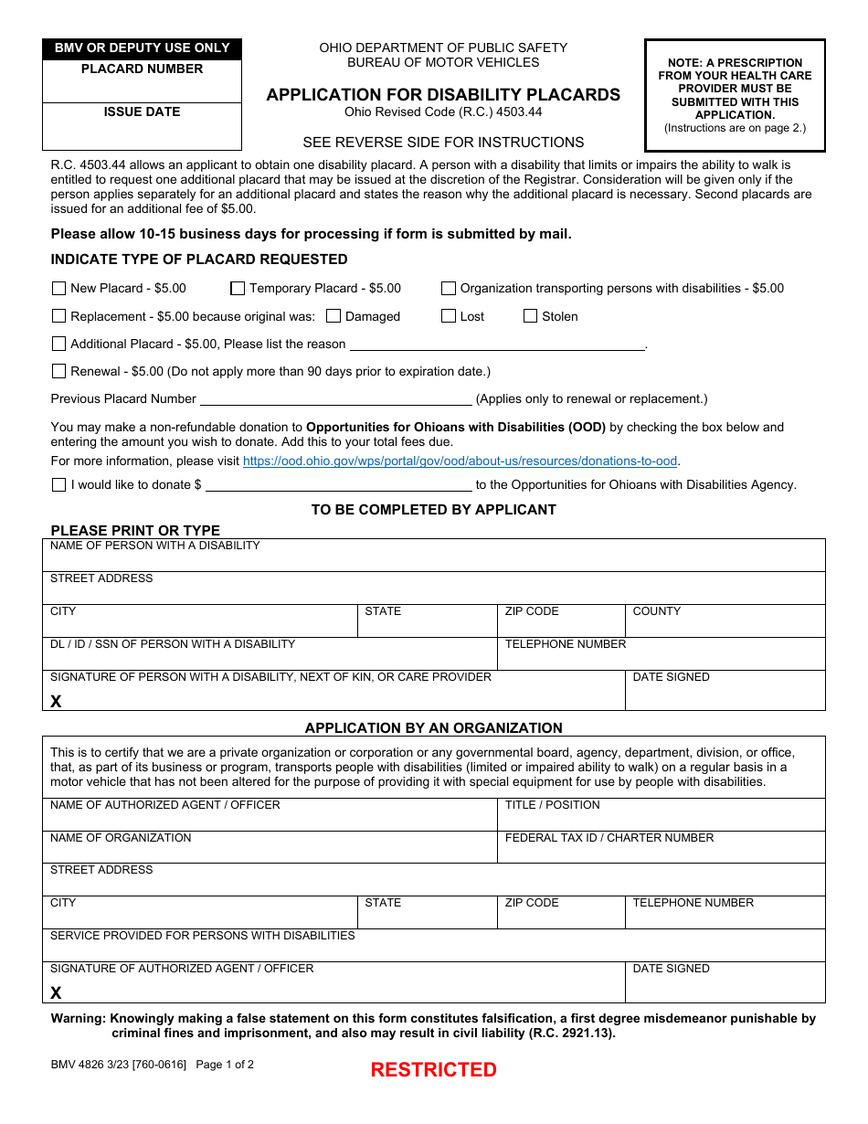 Form BMV4826 Application for Disability Placards - Ohio, Page 1