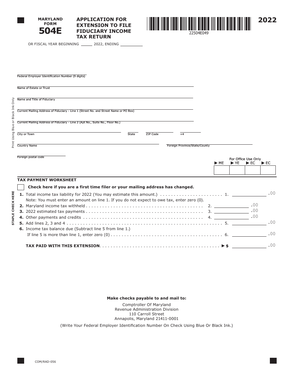 Maryland Form 504E (COM / RAD-056) Application for Extension to File Fiduciary Income Tax Return - Maryland, Page 1