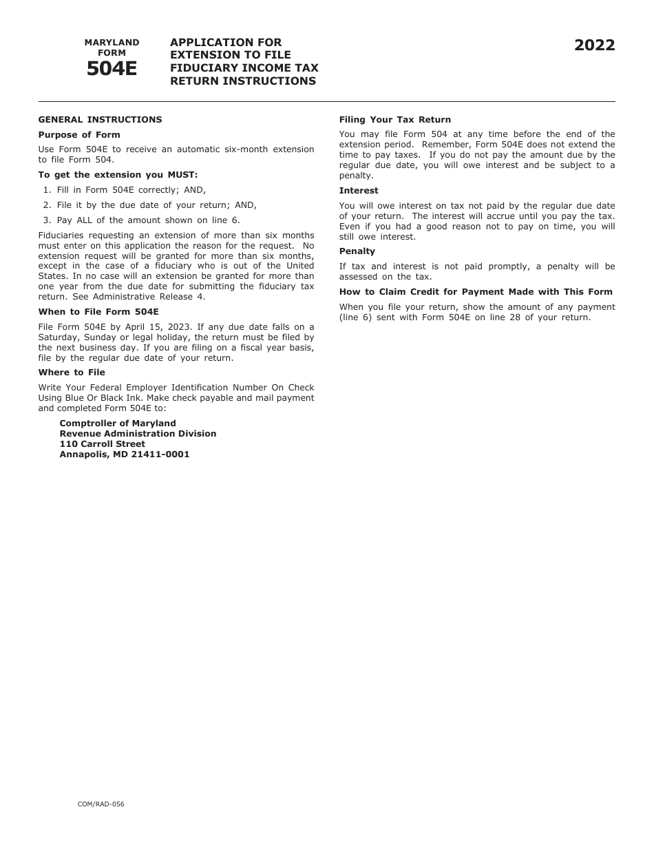 Maryland Form 504E (COM / RAD-056) Application for Extension to File Fiduciary Income Tax Return - Maryland, Page 2