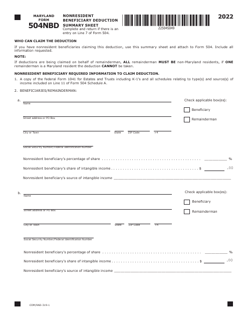 Maryland Form 504NBD (COM/RAD-319-1) 2022 Printable Pdf
