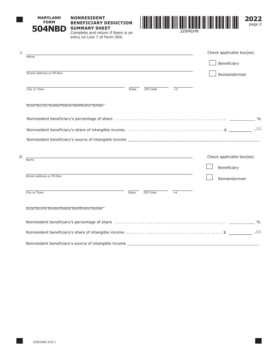 Maryland Form 504NBD (COM / RAD-319-1) Nonresident Beneficiary Deduction Summary Sheet - Maryland, Page 2