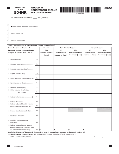 Maryland Form 504NR (COM/RAD-319) 2022 Printable Pdf