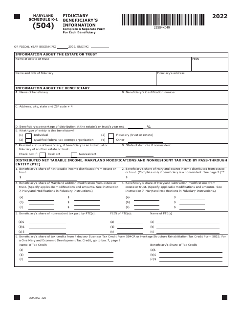 Maryland Form 504 (COM/RAD-320) Schedule K-1 2022 Printable Pdf