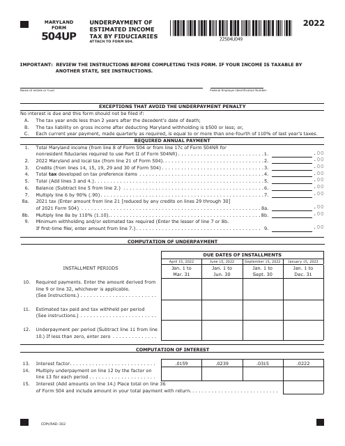 Maryland Form 504UP (COM/RAD-302) 2022 Printable Pdf