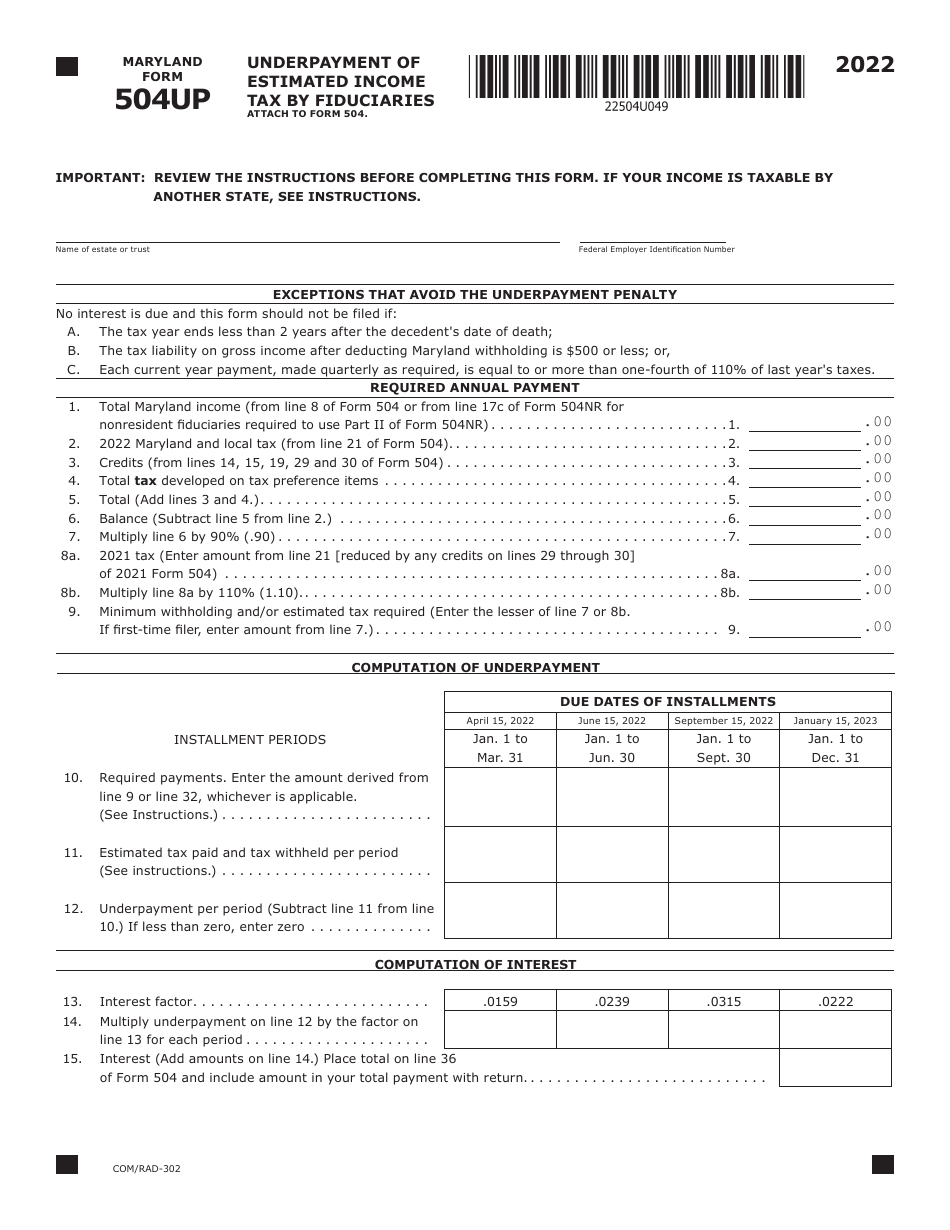Maryland Form 504UP (COM / RAD-302) Underpayment of Fiduciary Income Tax - Maryland, Page 1