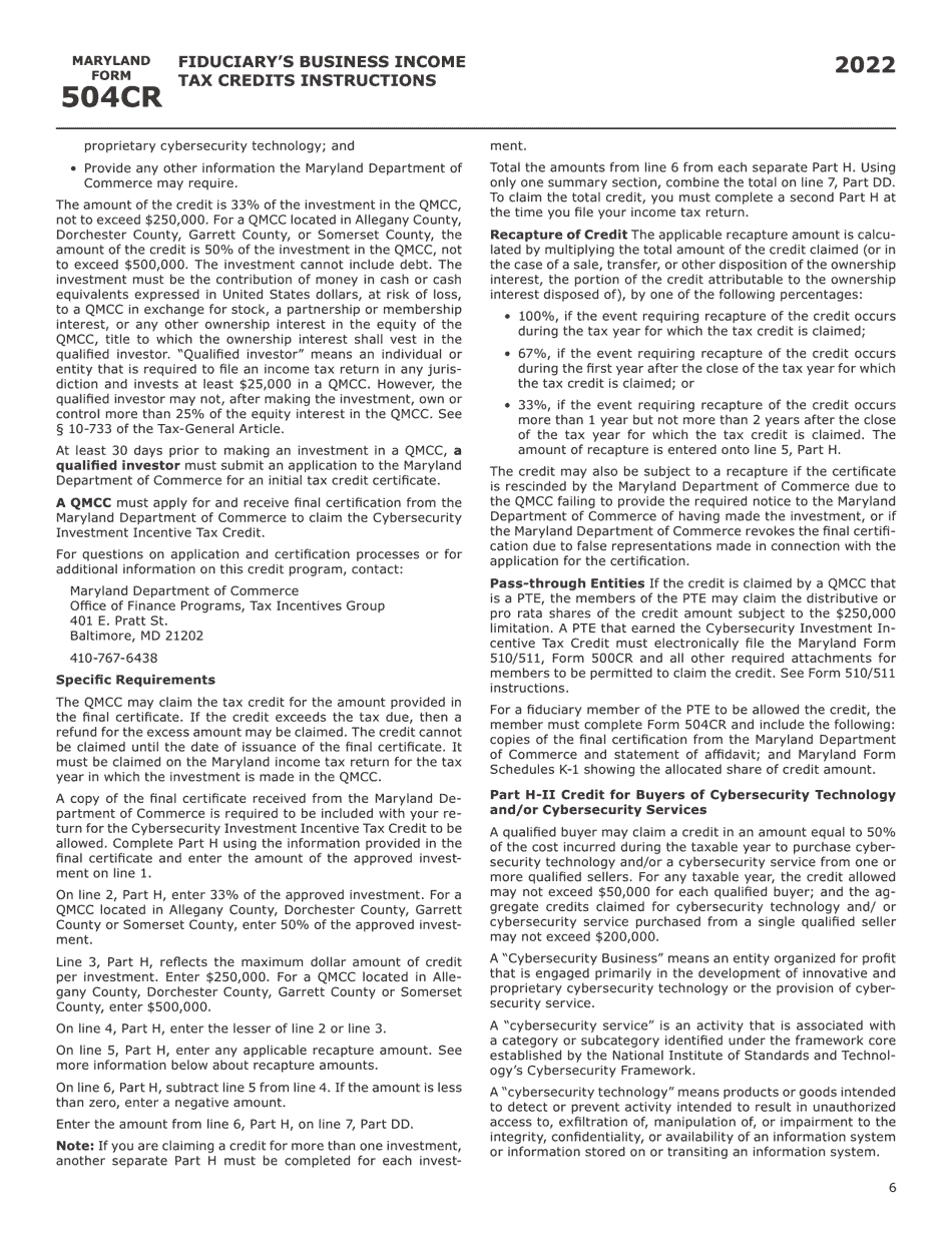 Maryland Form 504CR (COM / RAD-057) Business Income Tax Credits for Fiduciaries - Maryland, Page 14