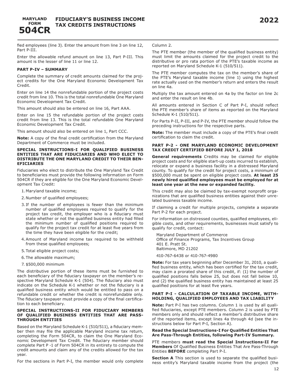 Maryland Form 504CR (COM / RAD-057) Business Income Tax Credits for Fiduciaries - Maryland, Page 20