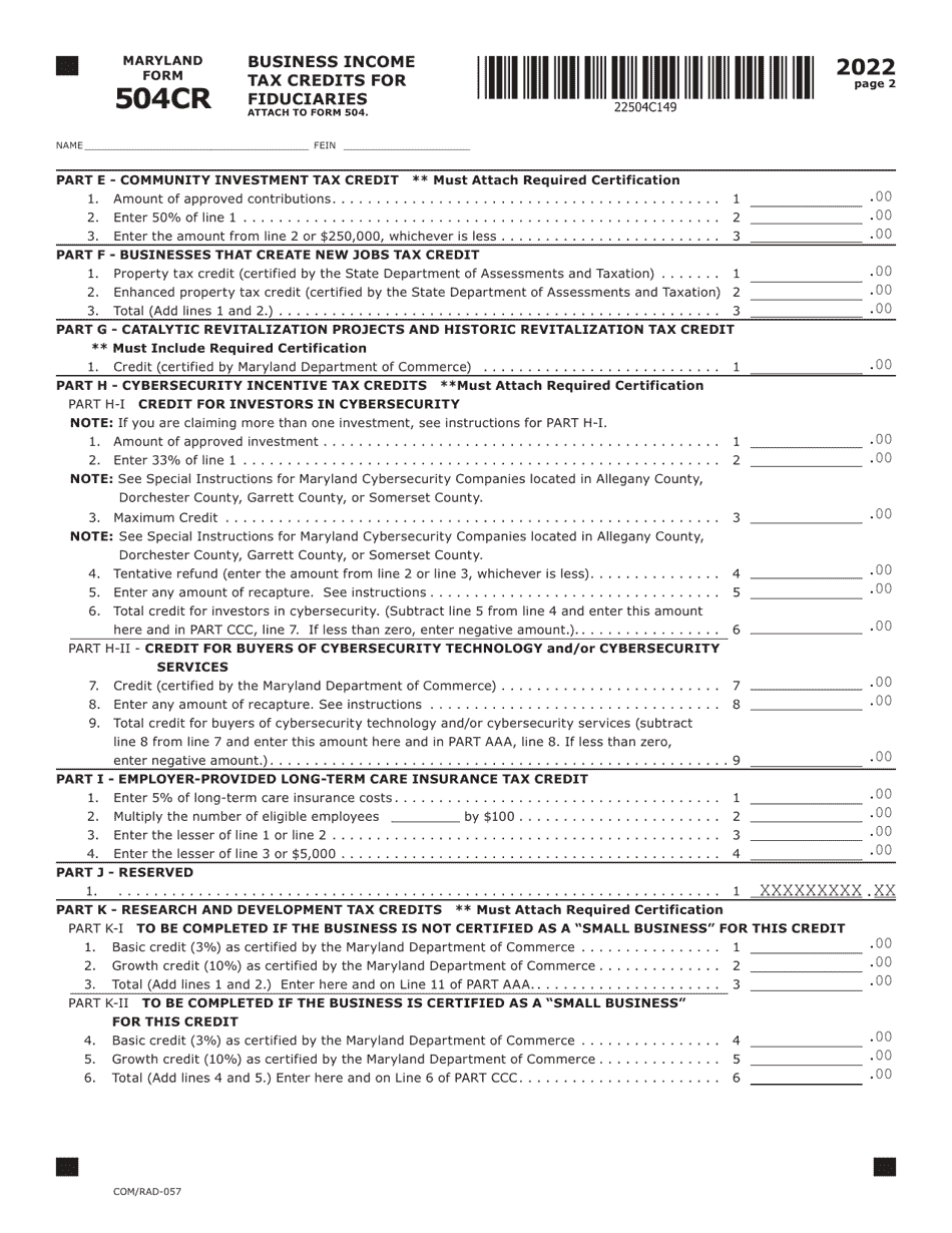 Maryland Form 504CR (COM / RAD-057) Business Income Tax Credits for Fiduciaries - Maryland, Page 2