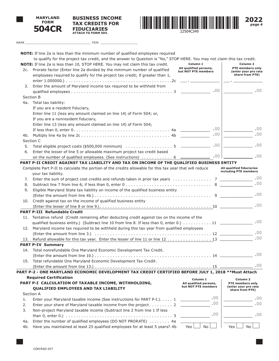 Maryland Form 504CR (COM / RAD-057) Business Income Tax Credits for Fiduciaries - Maryland, Page 4