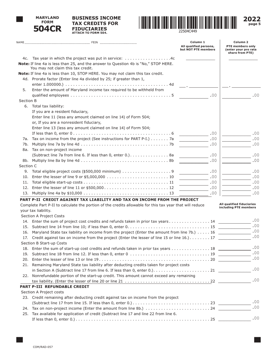 Maryland Form 504CR (COM / RAD-057) Business Income Tax Credits for Fiduciaries - Maryland, Page 5
