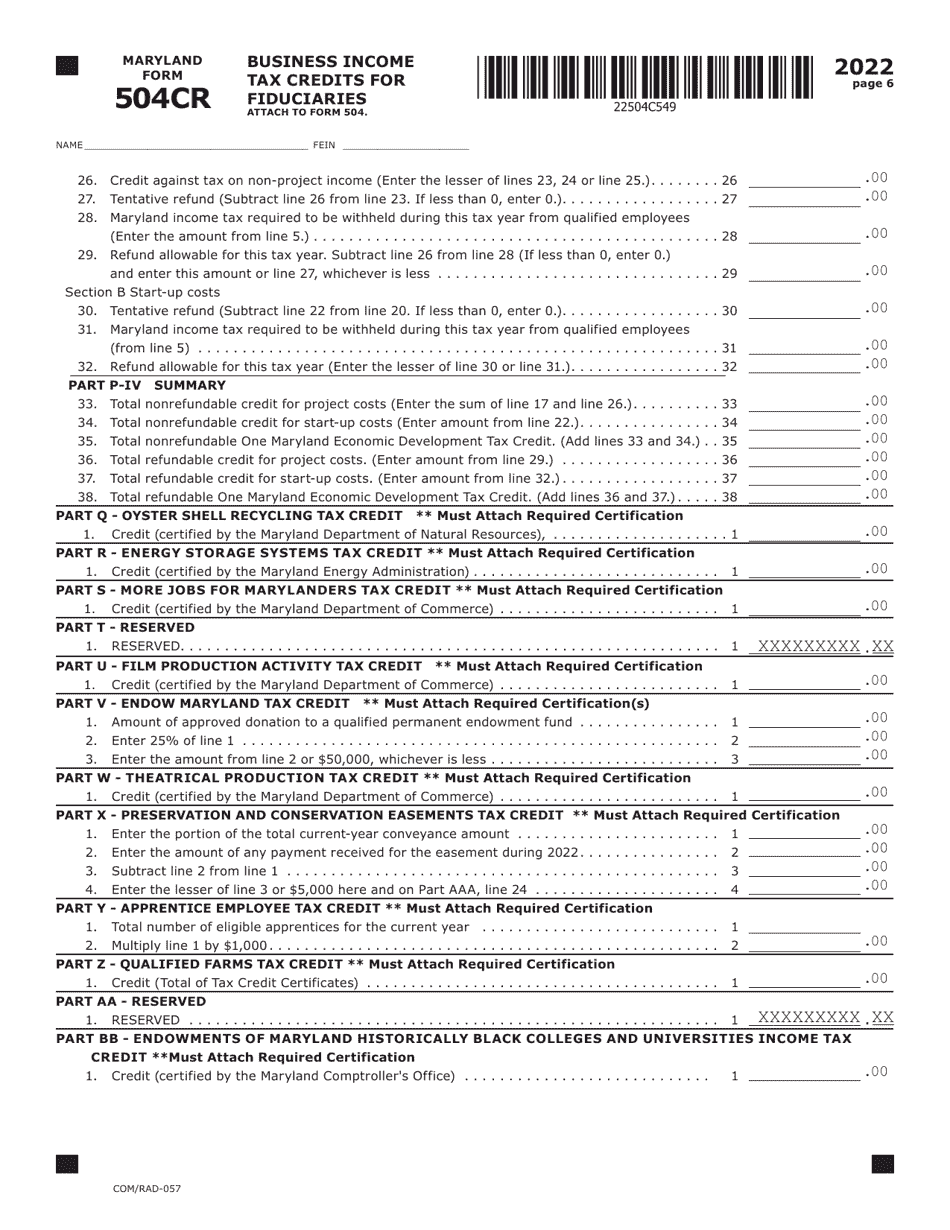 Maryland Form 504CR (COM / RAD-057) Business Income Tax Credits for Fiduciaries - Maryland, Page 6