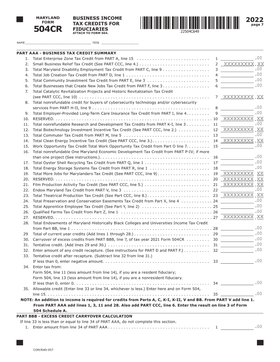 Maryland Form 504CR (COM / RAD-057) Business Income Tax Credits for Fiduciaries - Maryland, Page 7