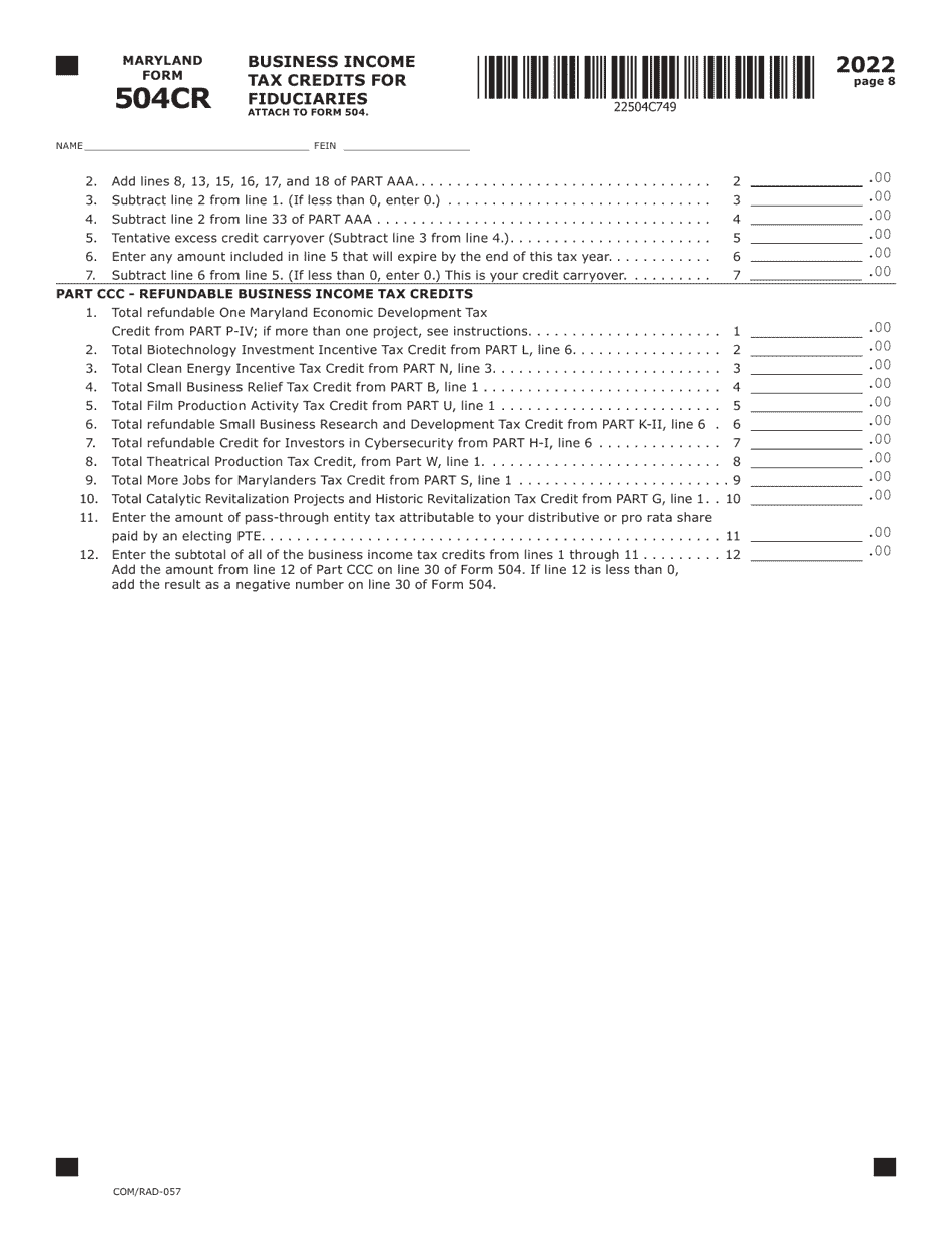 Maryland Form 504CR (COM / RAD-057) Business Income Tax Credits for Fiduciaries - Maryland, Page 8