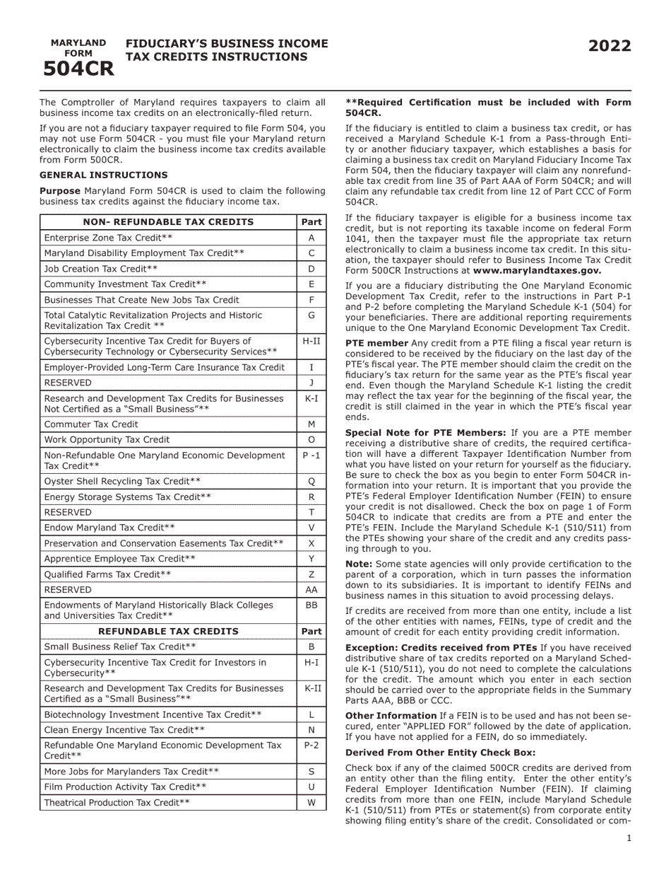 Maryland Form 504CR (COM / RAD-057) Business Income Tax Credits for Fiduciaries - Maryland, Page 9