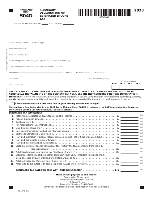 Maryland Form 504D (COM/RAD-068) 2023 Printable Pdf