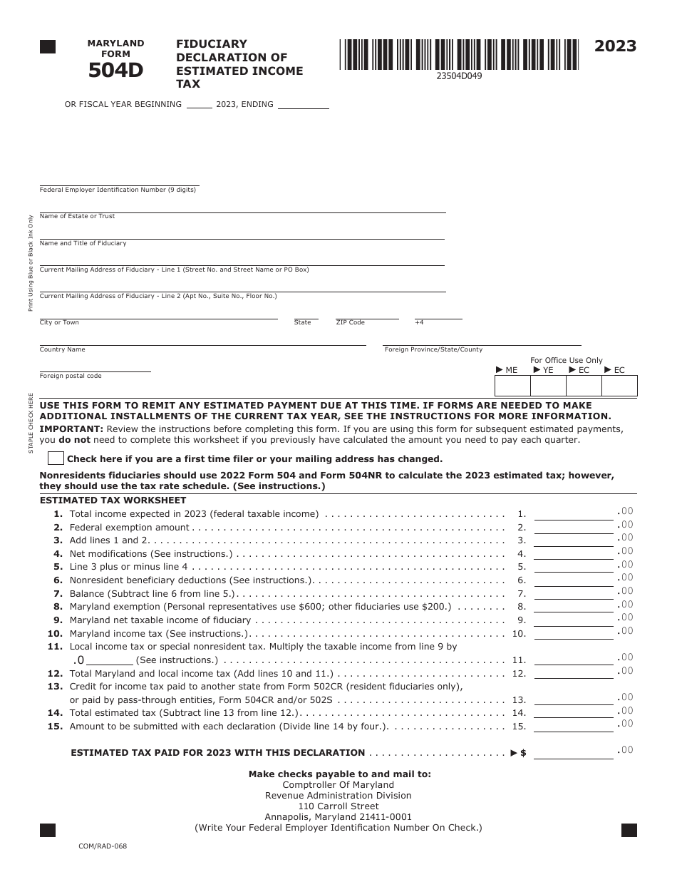 Maryland Form 504D (COM / RAD-068) Fiduciary Declaration of Estimated Income Tax - Maryland, Page 1
