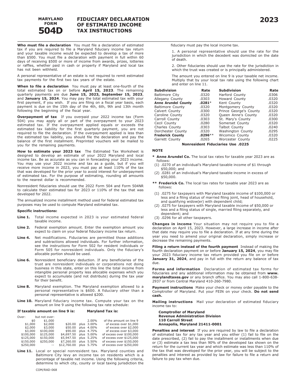 Maryland Form 504D (COM / RAD-068) Fiduciary Declaration of Estimated Income Tax - Maryland, Page 2