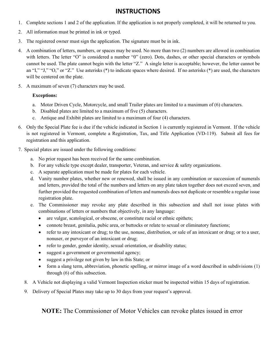 Form VD-017 Special (Vanity) Plate Application - Vermont, Page 1