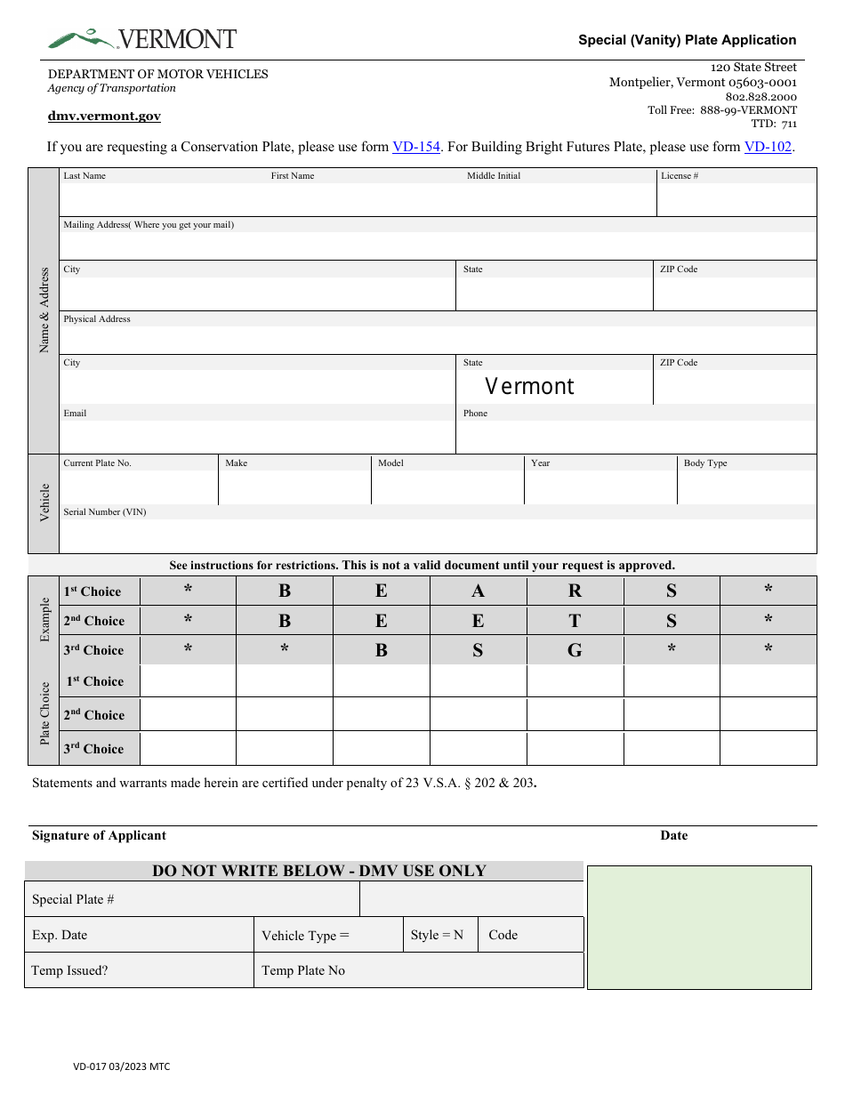 Form VD-017 Special (Vanity) Plate Application - Vermont, Page 3