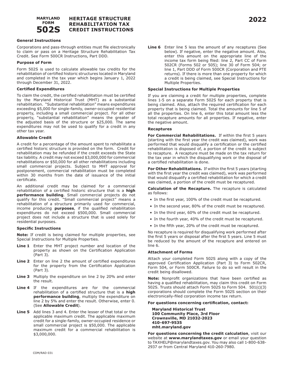 Maryland Form 502S (COM / RAD031) Heritage Structure Rehabilitation Tax Credit - Maryland, Page 2