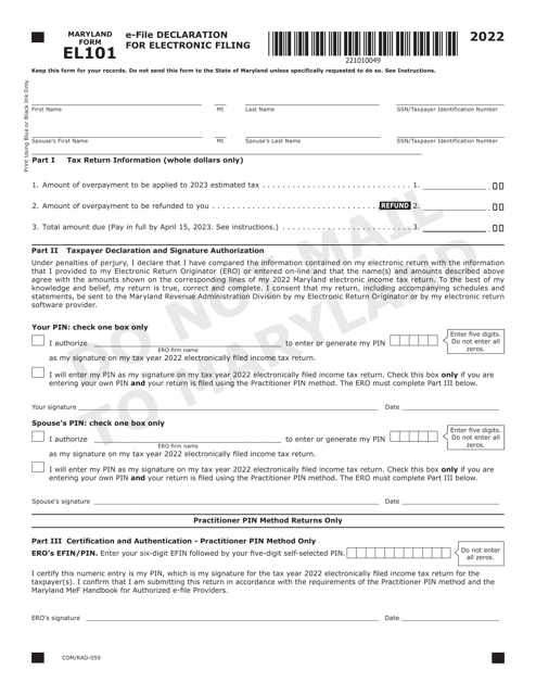 Maryland Form EL101 (COM/RAD-059) 2022 Printable Pdf