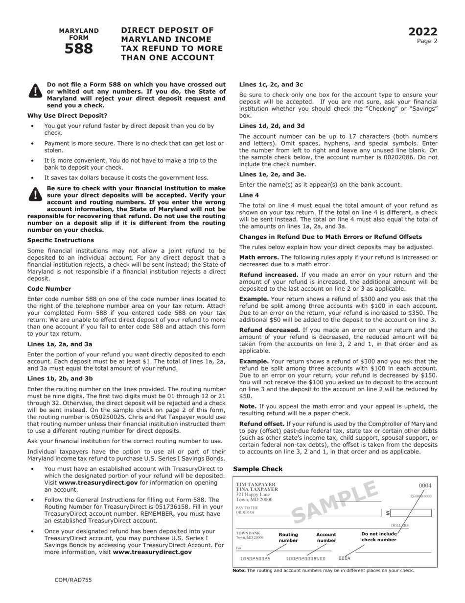 Maryland Form 588 (COM / RAD755) Direct Deposit of Maryland Income Tax Refund to More Than One Account - Maryland, Page 2