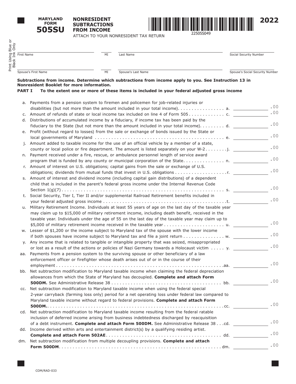 Maryland Form 505SU (COM / RAD-033) Nonresident Subtractions From Income - Maryland, Page 1
