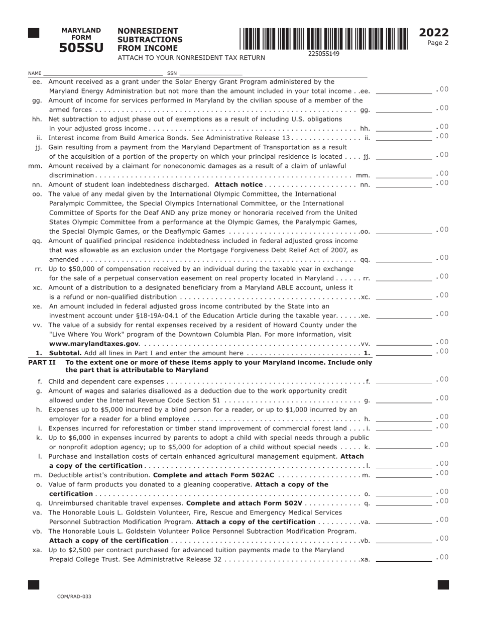 Maryland Form 505SU (COM / RAD-033) Nonresident Subtractions From Income - Maryland, Page 2