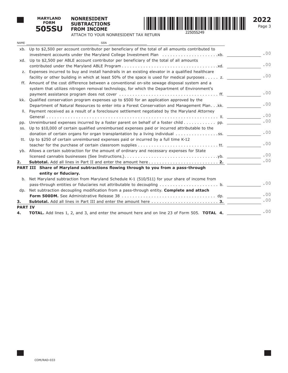 Maryland Form 505SU (COM / RAD-033) Nonresident Subtractions From Income - Maryland, Page 3