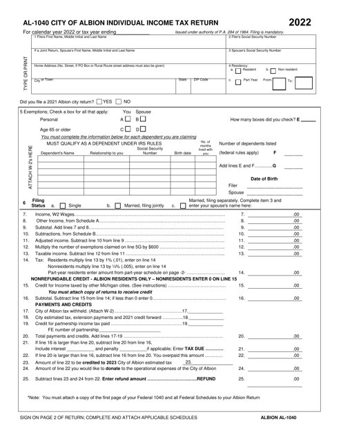 Form AL-1040 Individual Income Tax Return - City of Albion, Michigan, 2022
