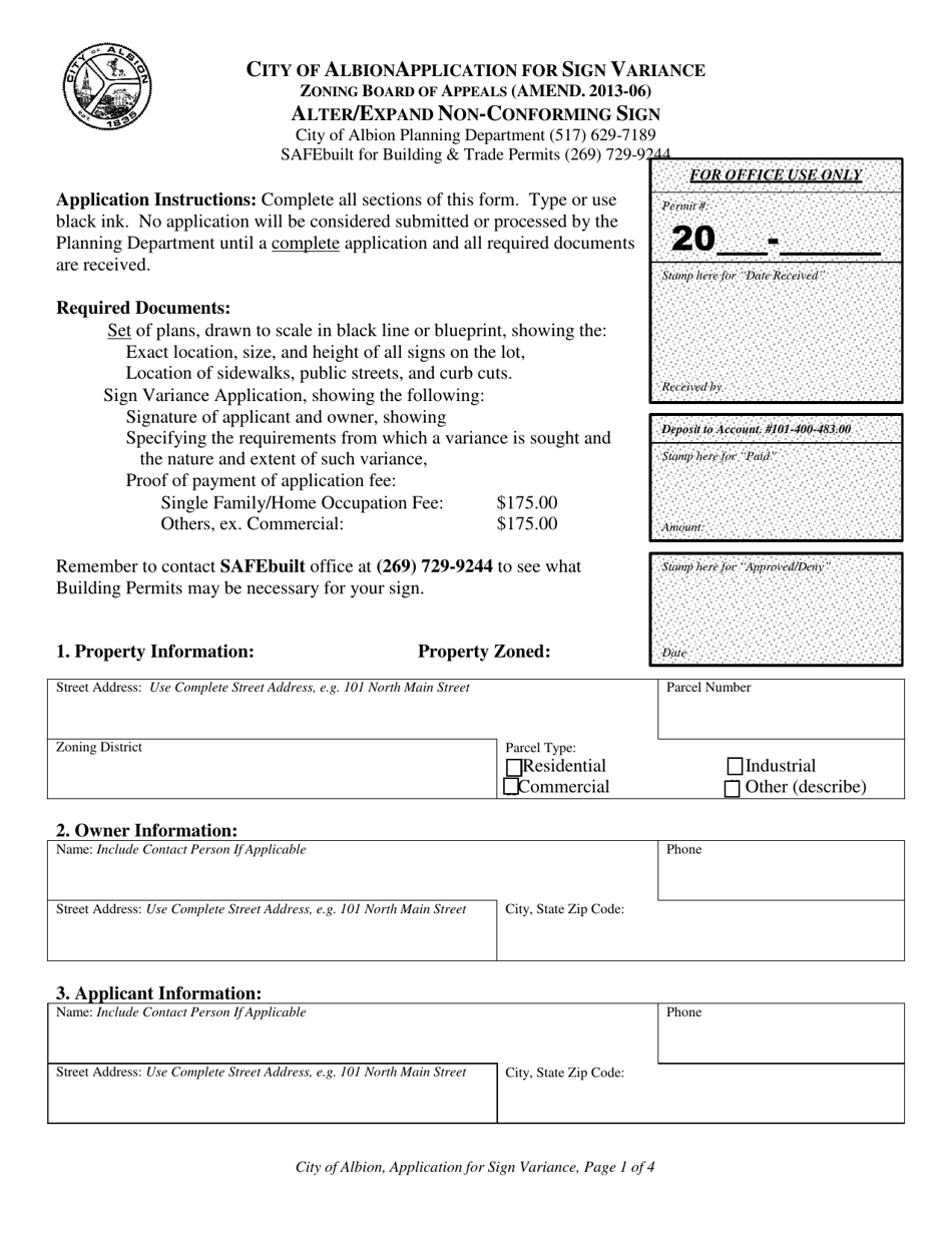 Application for Sign Variance - Alter / Expand Non-conforming Sign - City of Albion, Michigan, Page 1