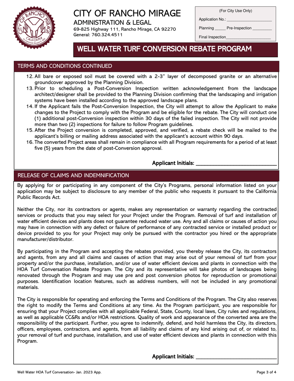Well Water Turf Conversion Rebate Program Application - City of Rancho Mirage, California, Page 3