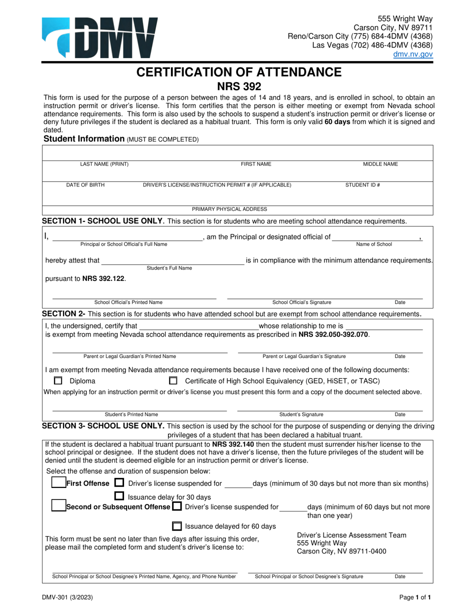 Form DMV-301 Certification of Attendance - Nevada, Page 1
