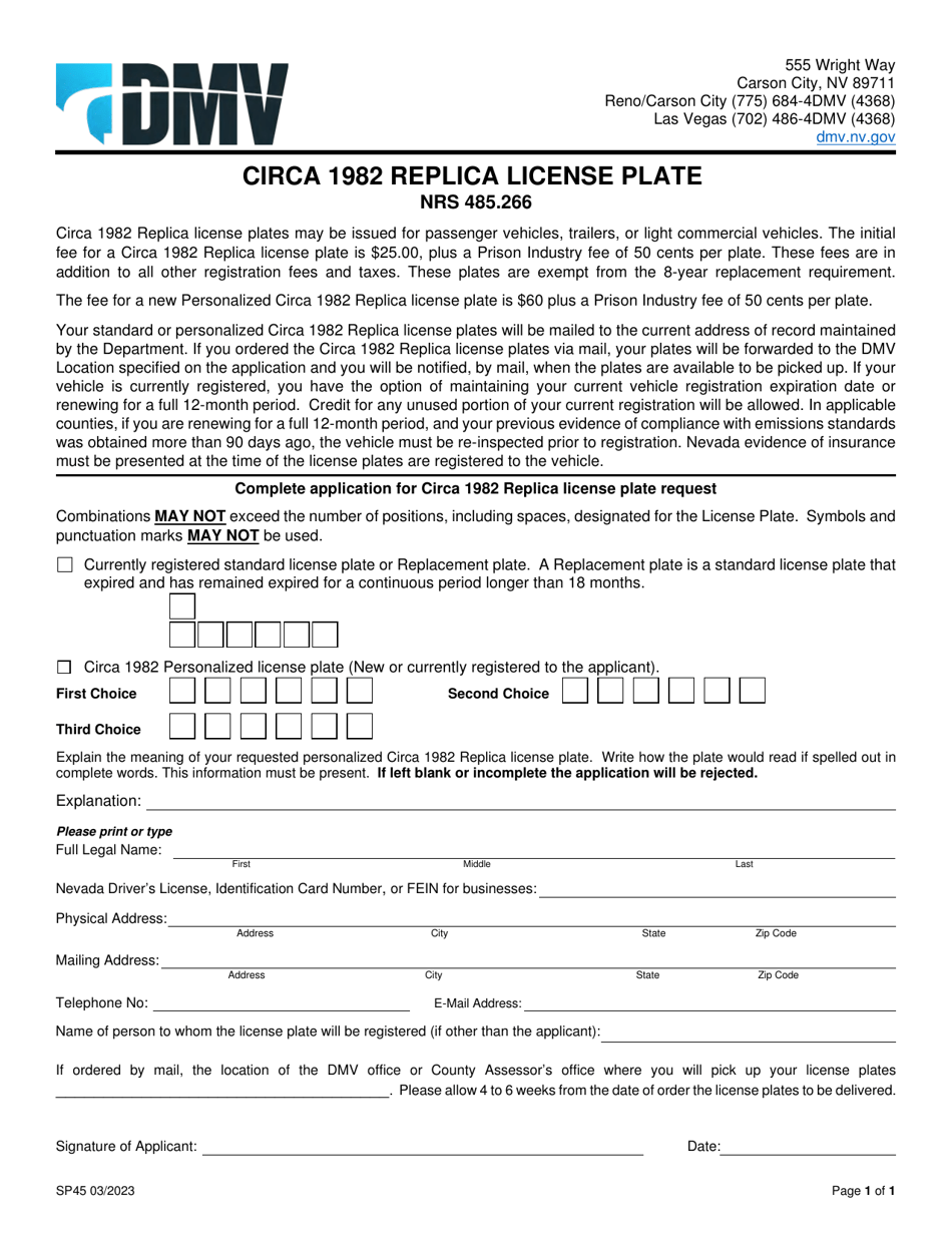 Form SP45 Circa 1982 Replica License Plate - Nevada, Page 1