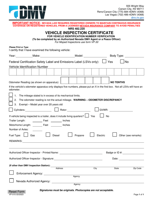 Form VP-015 Vehicle Inspection Certificate for Vehicle Identification Number Verification - Nevada