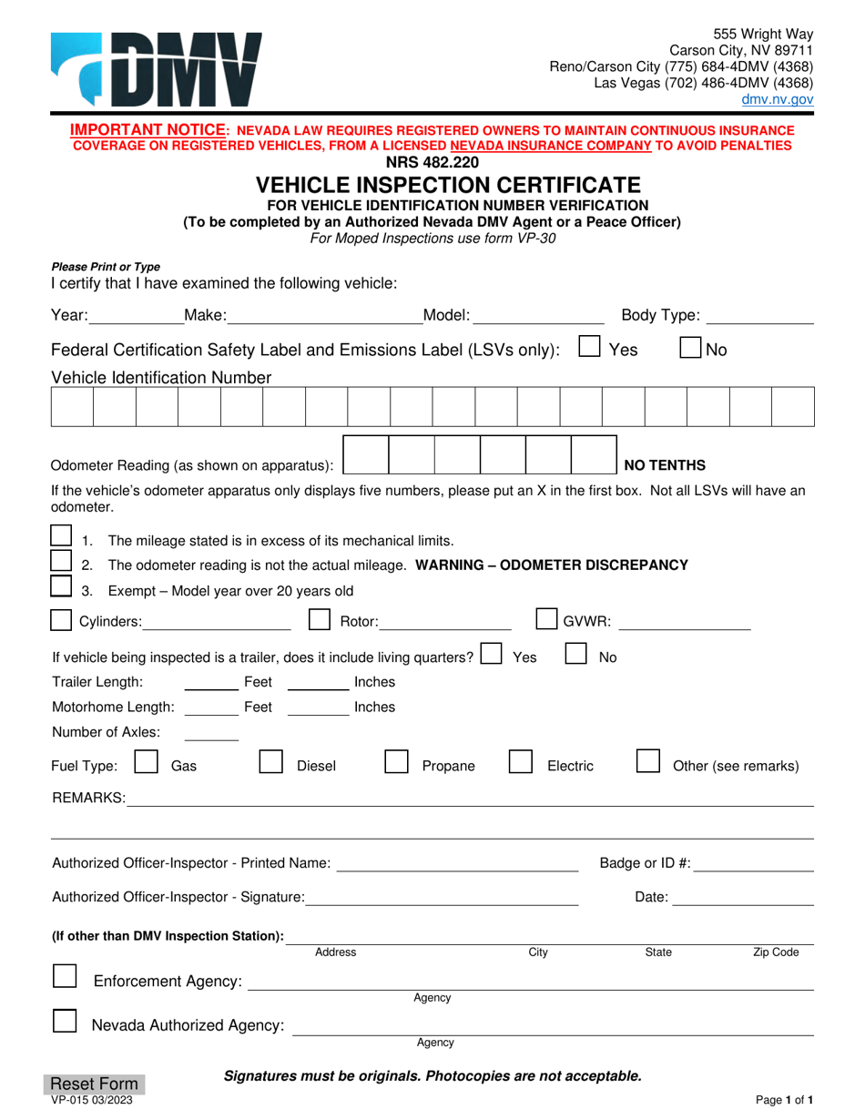 Form VP-015 Vehicle Inspection Certificate for Vehicle Identification Number Verification - Nevada, Page 1