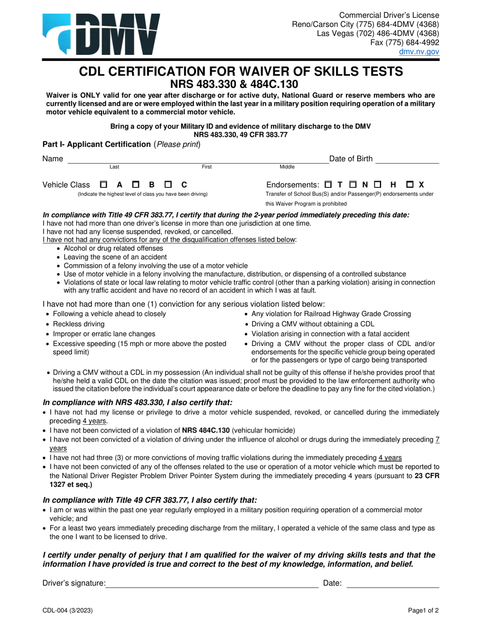 Form CDL-004 Cdl Certification for Waiver of Skills Tests - Nevada, Page 1