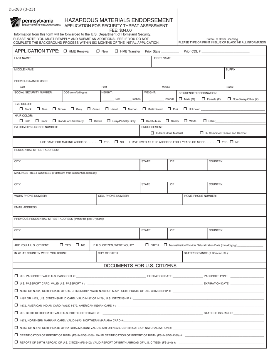 Form DL-288 Download Fillable PDF or Fill Online Hazardous Materials ...