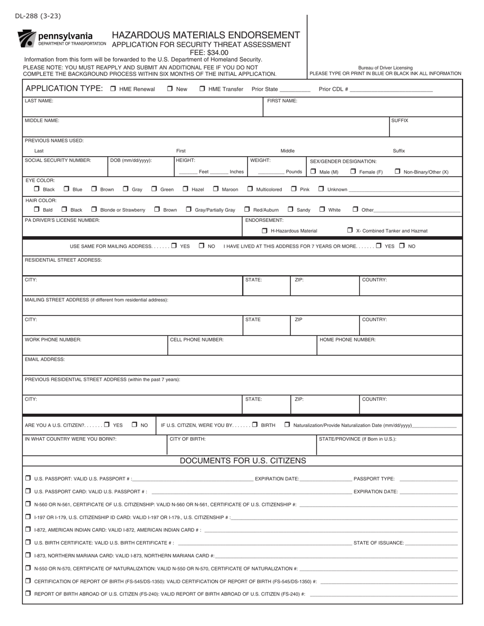 Form DL-288 Hazardous Materials Endorsement Application for Security Threat Assessment - Pennsylvania, Page 1
